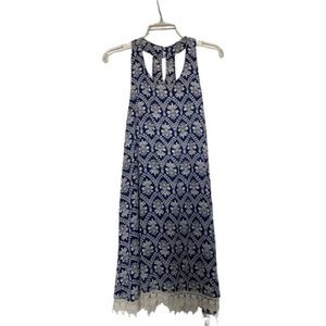 Everleigh SzL Navy sleeveless dress with open, lacy back and fringed lace hem